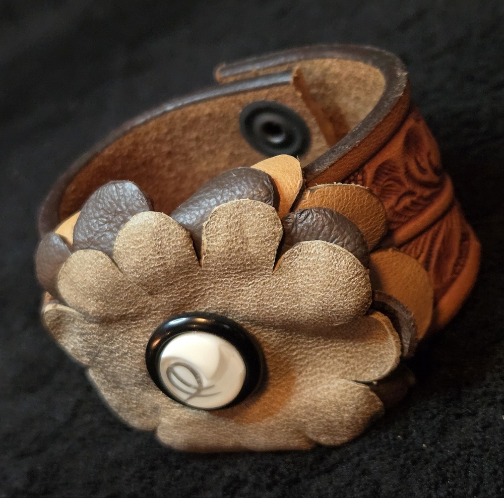Handmade Brown Leather Floral Cuff Bracelet